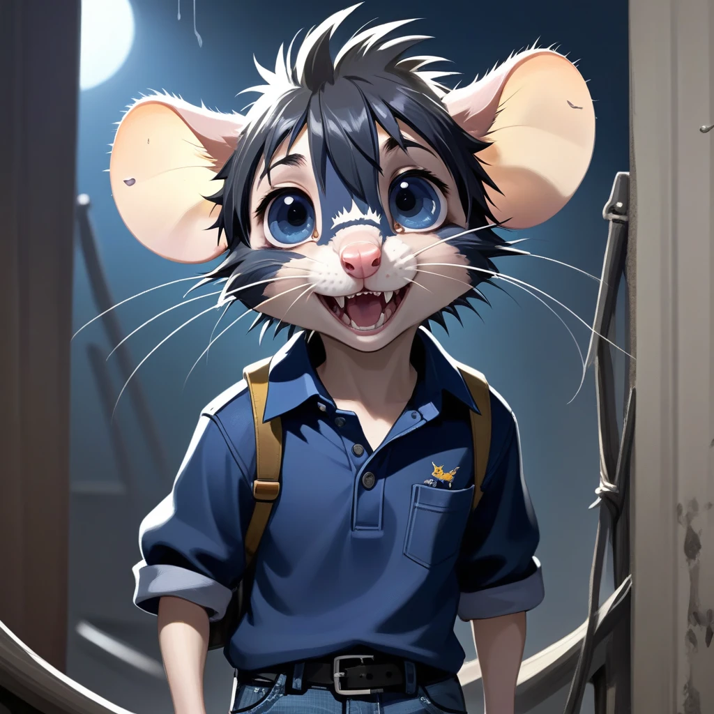 Create a male rat with large, crooked teeth, human-like eyes, and straight, spiky hair sticking up in a messy fashion. He should be wearing a dark blue polo shirt, jeans, and black boots."

