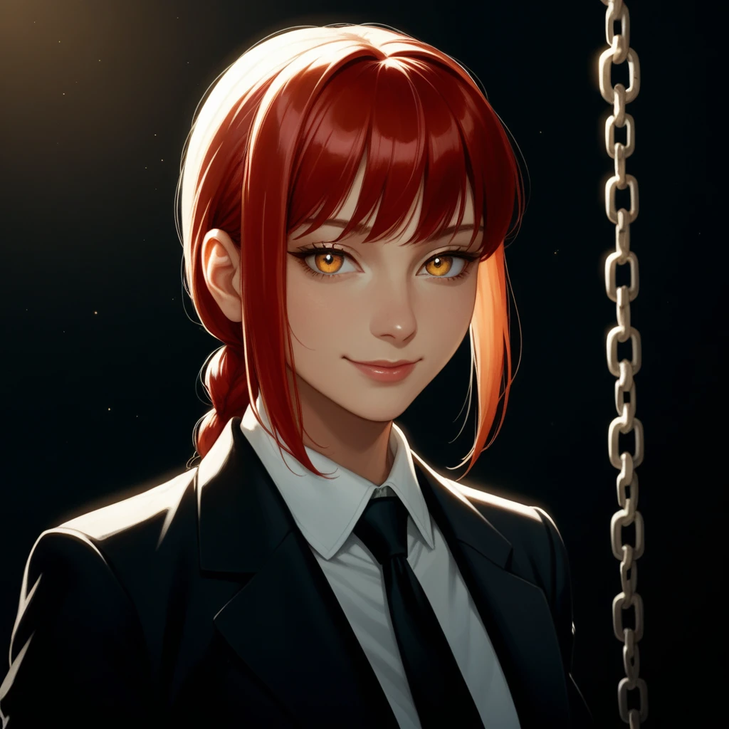 score_9, score_8_up, score_7_up, score_6_up, score_5_up, score_4_up, masterpiece, best quality, high quality, solo, 1girl, makima, smile, dim , closed mouth, looking at viewer, arms behind back, black business suit, brided ponytail, white shirt, black tie, long sleeves, black pants, black background, rim lighting lighting, contrasting yellow-purple lighting, chains in background
