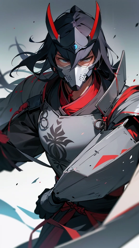 Make a character, Cao Cao, stark, with black armor, with a gray mask 