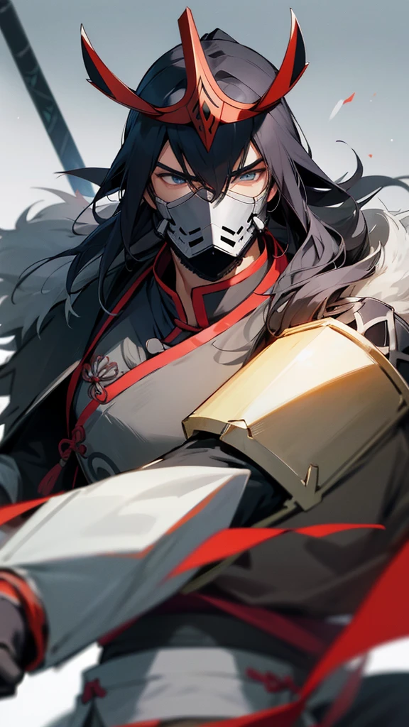 Make a character, Cao Cao, stark, with black armor, with a gray mask