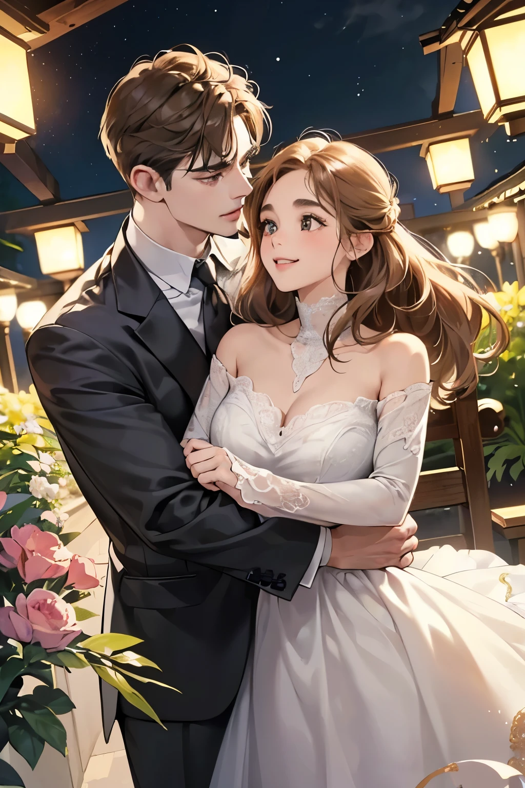 (table top, digital illustration, 4k, 8k, Super detailed, beautiful images, clear image, perfect face, perfect lines, perfect eyes, soft lighting) 1 female, (light brown hair,chignon hair,innocent look,droopy eyebrows,droopy eyes、With a round face,round chin、innocence,cute,Big eyes,natural makeup,smile gently,E cup,23 years old:1.3),Two handsome men in suits, (human,man in suit,muscular,solid shoulder width, boyish hairstyle,A man in his 30s with a cool expression,28 year old man with a bright smile:1.2),garden full of light、lots of flowers、Squirting、colorful flower light,(embarrassing,shy smile:1.2),resort sofa,kiss、カップルkiss、romance porn、couple of man and woman hugging each other、
