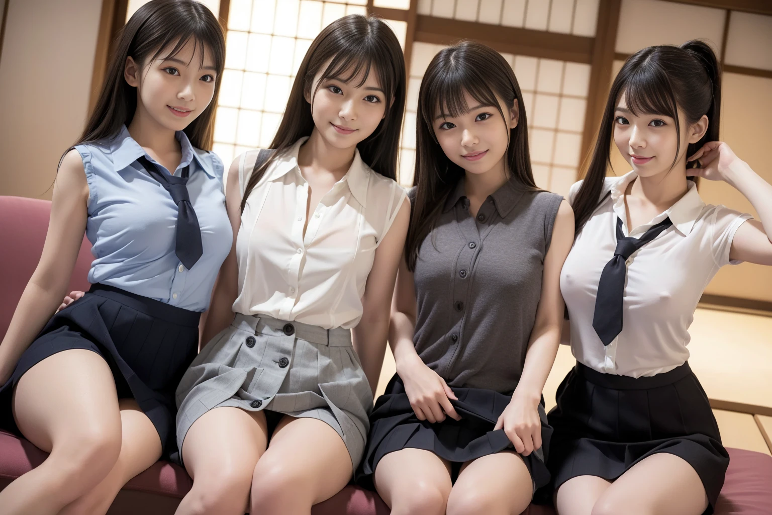 ((Highest quality, 8k, Masterpiece Details, Ultra-high resolution)), (Looking at the audience), (Full Shot:), 魅力的な5-peopleの女の子, 5-people, Slender:0.25, A white, sleeveless, see-through, tight shirt with buttons on the collar and chest., Grey tight skirt, (Sitting on the sofa), smile,Big Breasts、Erect nipples、( in Japan:1.3), Adorable expression、Expressions of happiness、10 years old、height: 1ce、Amazingly cute、Cute type the skirt)