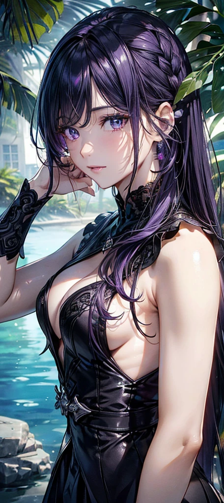 a beautiful detailed woman with long purple hair, extremely detailed face and eyes, dramatic lighting, dramatic colors, high quality, professional, cinematic, glowing skin, tropical plants, big breasts, (best quality,4k,8k,highres,masterpiece:1.2),ultra-detailed,(realistic,photorealistic,photo-realistic:1.37),HDR,UHD,studio lighting,ultra-fine painting,sharp focus,physically-based rendering,extreme detail description,