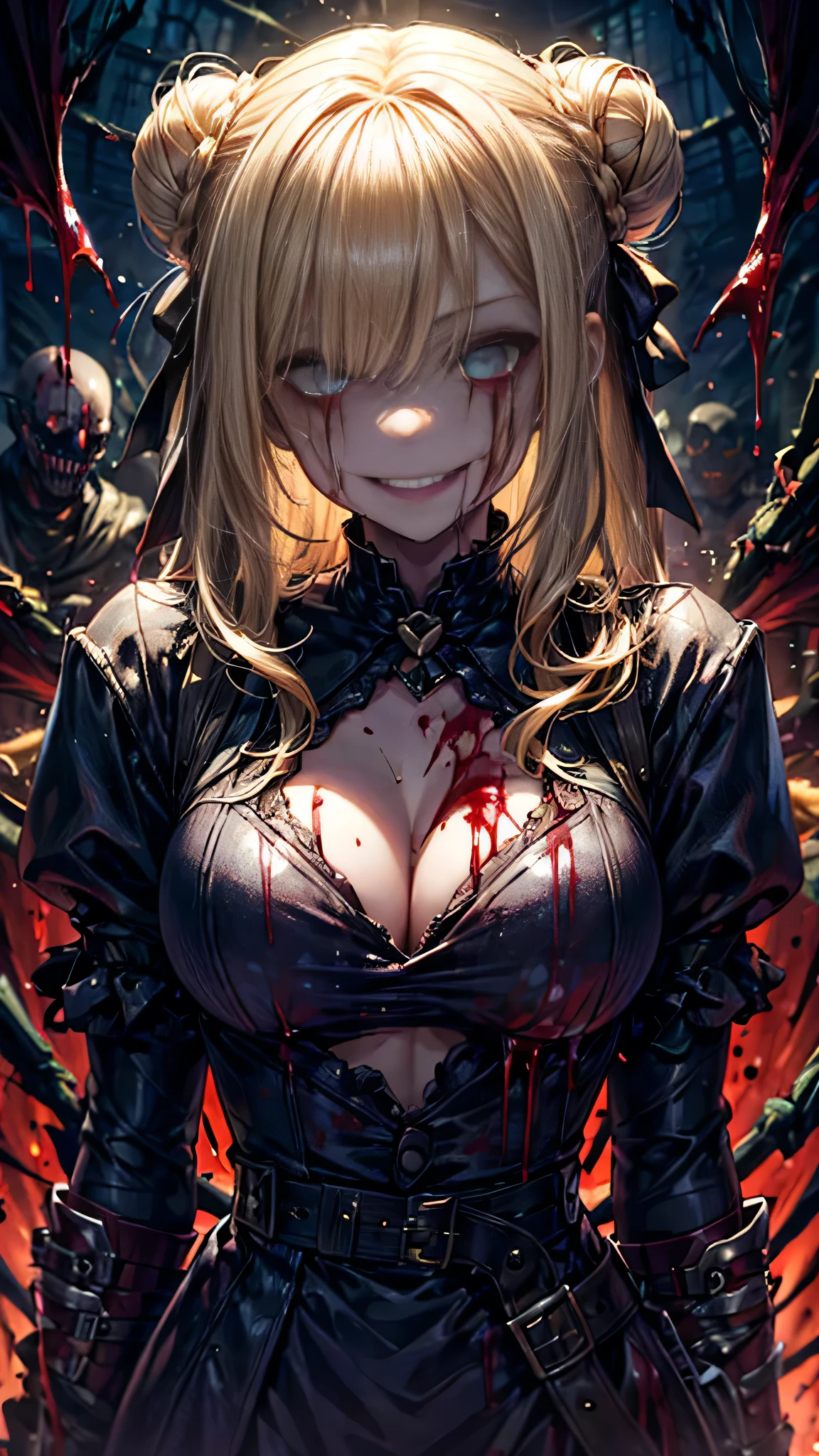 Blonde hair in a bun, dripping with blood, creepy woman, villain, yankee, scary smile,