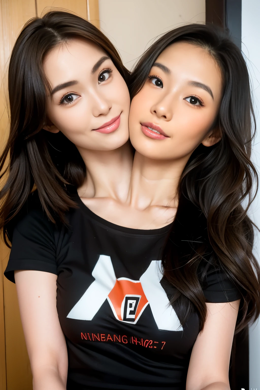 best resolution, 2heads, half-body shot, conjoined, dicephalus, two japanese woman with two heads , brown hair, black hair,  different faces, kissing, t-shirt, indoor background