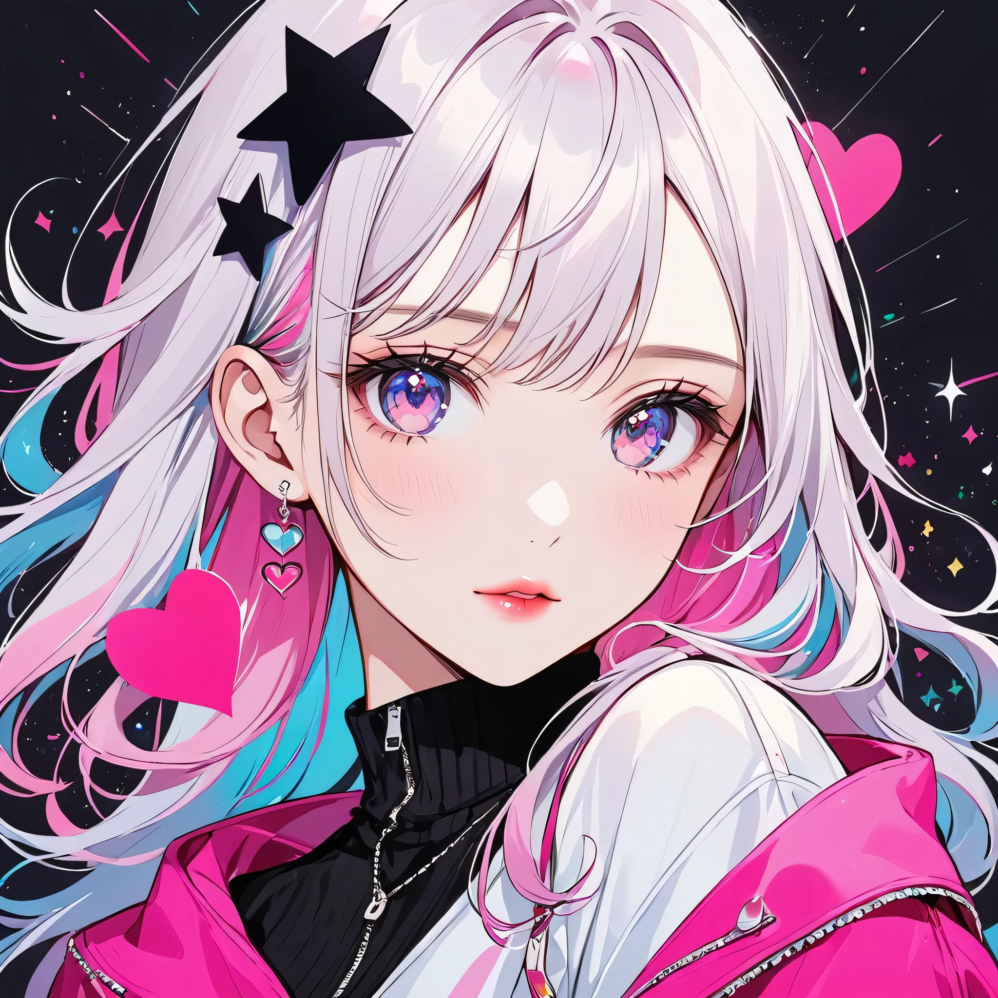 Black Star Pink and White style, Simple Line Initialism,Abstract art,Urban Background, (((The most beautiful girl of all time))), Sweet face. Lips in love, colorful hearts, stylish design