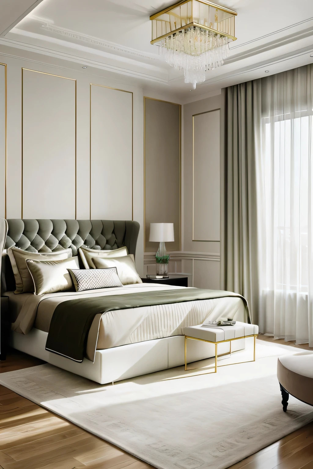 Professional 3d architecture rendering design of modern and minimal and high tech and Art Deco design for bedroom with light moss and light artichoke and modern makeup table and beautiful windows and curtains and bedroom