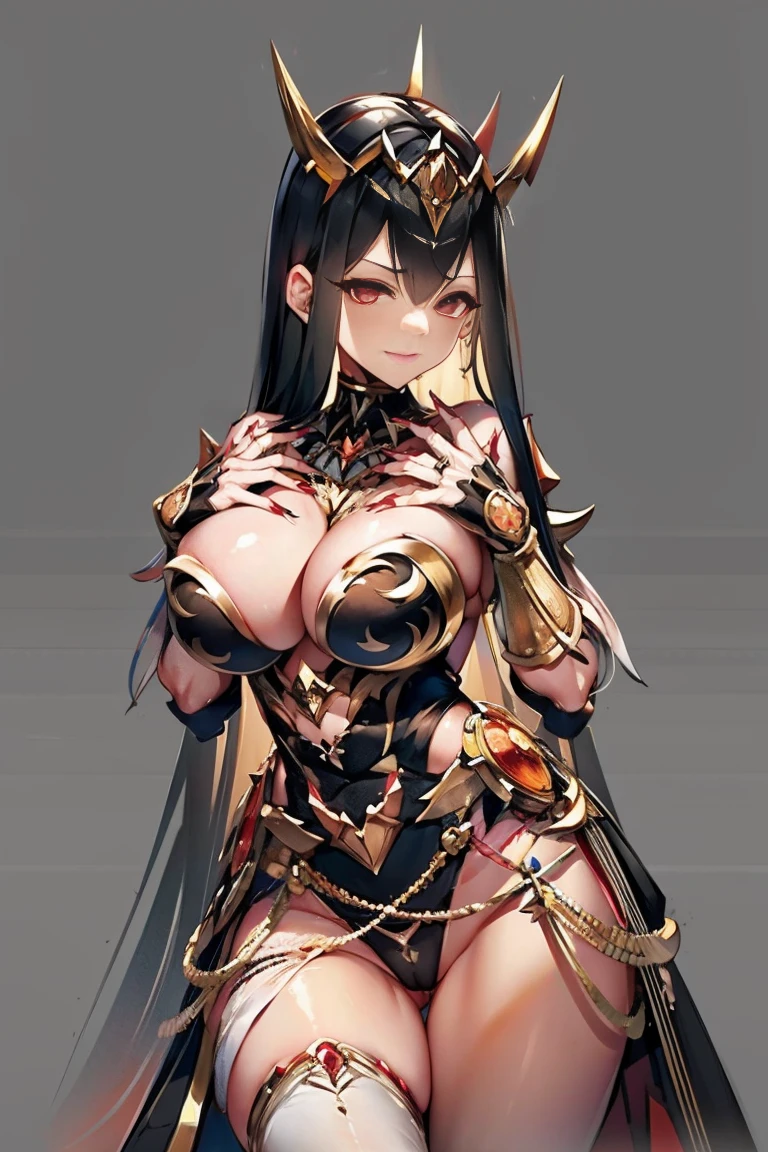 hand on own chest, hands up, black hair, bare shoulder, red eyes, very long hair, cleavage, large breasts, dress, showgirl skirt, high-leg, cleavage cutout, tiara, bare thighs, gauntlets, bare shoulder, ((((((bare nails, bare fingers, bare hands, good hands, best hands, Correctly aligned fingers, extremely detailed hands and fingers, ultra detailed hands and fingers, super detailed hands and fingers, perfect female hands and fingers, biologically accurate hands and fingers, 4 fingers and 1thumb accurate hands and fingers, beautiful hands and fingers, hands and fingers drawing, human hand and fingers, perfect arrangement of fingers, detail focus hands, perfection hands)))))), adult face, fearless face, both arms, two arms, both hands, two hands, super fine illustration, masterpiece, masterwork, by famous artist, official art, ultra high res, best quality, high quality, Hand, detailed, perfect, perfection , hands, betterhand, both hands is Thumb and index finger and middle finger and ring finger and little finger, symmetrical hands, even hands, panties,