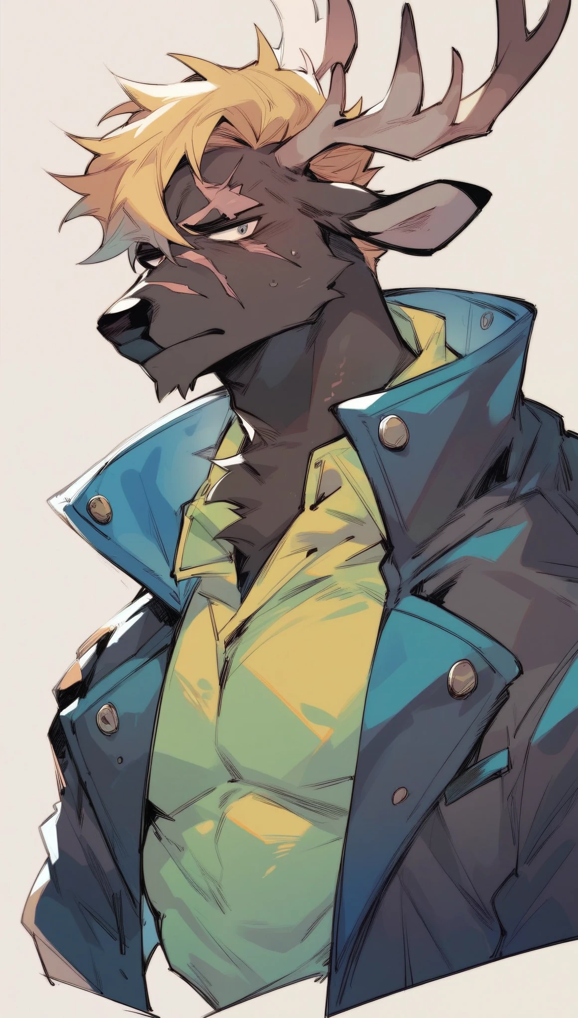 furry deer Male , black body, wearing Jacket ,scar on face,Blonde hair