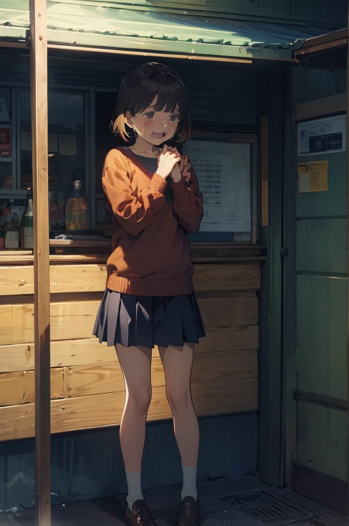 by muk \(monsieur\), score_9, score_8_up, score_7_up, best quality, masterpiece, uncensored, source_anime
BREAK
miyu (tiny evil), 1girl, :o, black thighhighs, blunt bangs, bottle, brown eyes, brown hair, brown sweater, can, casual, door, fan, fire hydrant, grey shorts, industrial, lamp, open mouth, outdoors, raised eyebrows, rust, shoes, short hair, shorts, sitting, sneakers, solo, stairs, surprised, sweater, thighhighs, towel, umbrella, water bottle