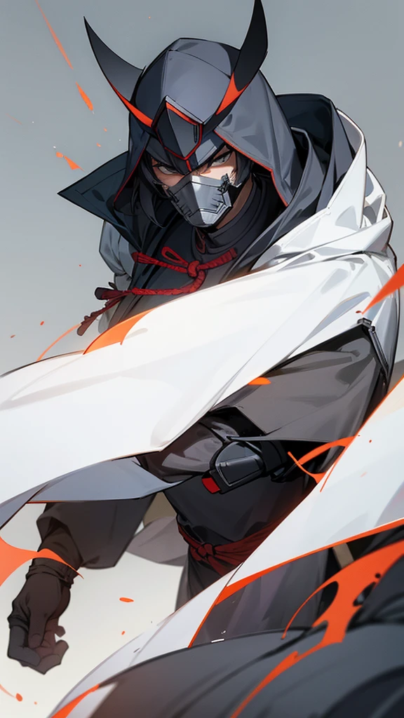 Make a character, Cao Cao, stark, with black armor, with a gray mask, with a hood 