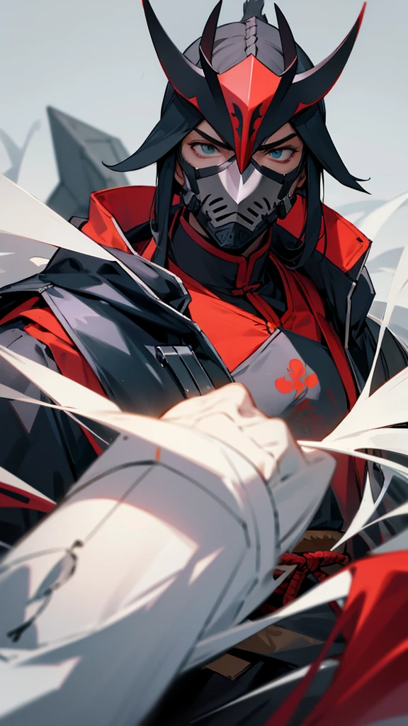 Make a character, Cao Cao, stark, with black armor, with a gray mask, with a hood