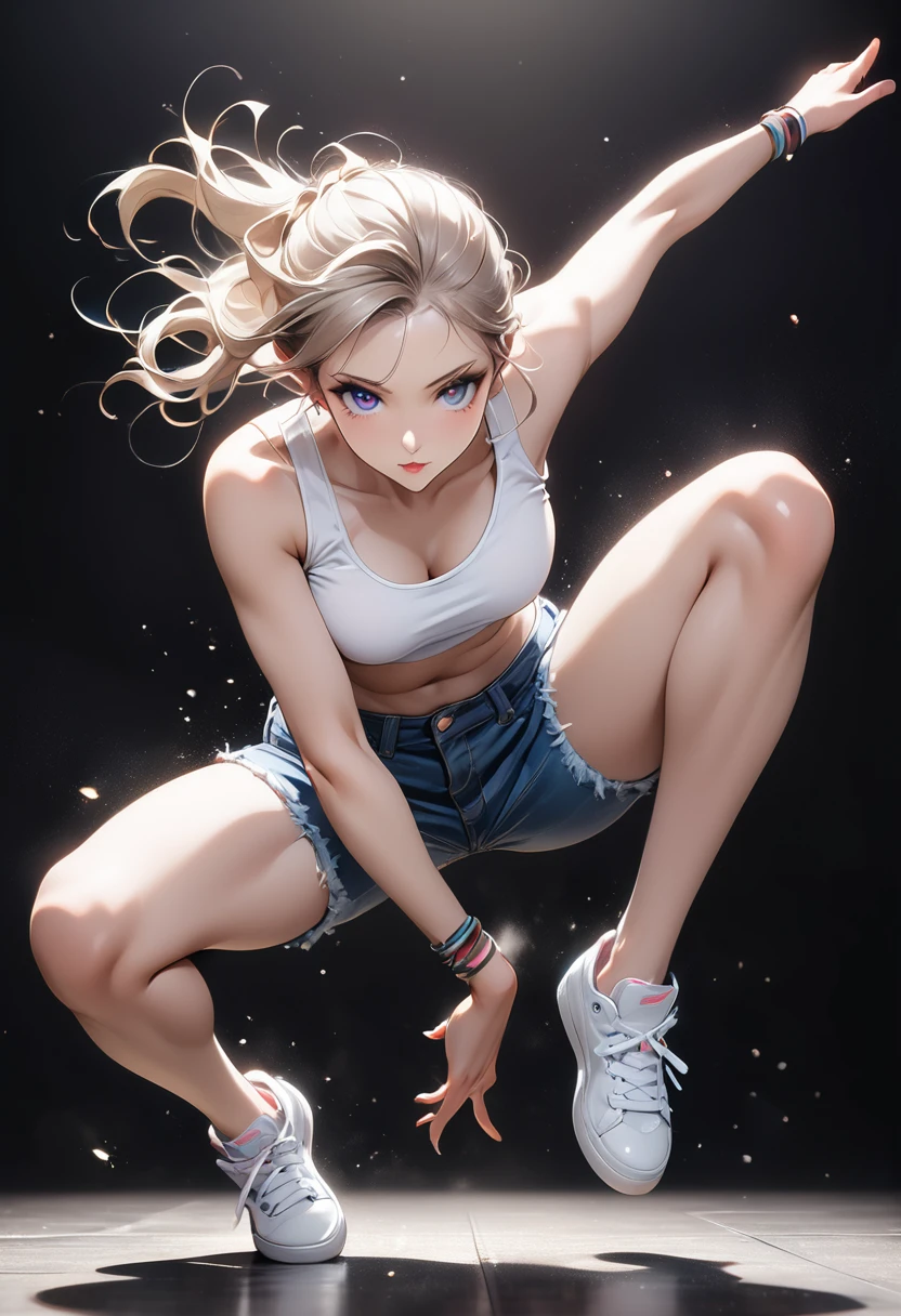(Generated in SFW:2.0), masterpiece, Highest quality, Realistic photos, RAW Photos, dynamic dancing woman, alone, Beautiful Face, Bangs that fall on the forehead, Casual clothing, (Tight tank top:1.2), (Denim shorts:1.2), No sleeve, Seductive body lines, alluring looks, break, Cool dance, break, Hip Hop Dance, (Black background color:1.5), (A dark background to make your subject stand out:1.1), (Focus on the eyes), (Full Body Shot:1.2), break, Street dance, Hip Hop Dance, Club dance, dynamic pose, dynamic, Moments that captivate you, Concentrated face, View your viewers, bend, Spread your legs, Cool pose, Apply random anagrams to create completely different new works,
