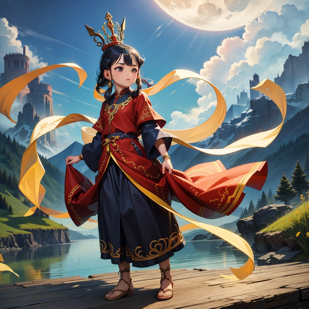 最high quality、high quality、10 years old、Brightly embroidered folk costumes from Central Asia and the Caspian Sea region、Bride Girl、Moonlight meadow、moonlight、Long dress