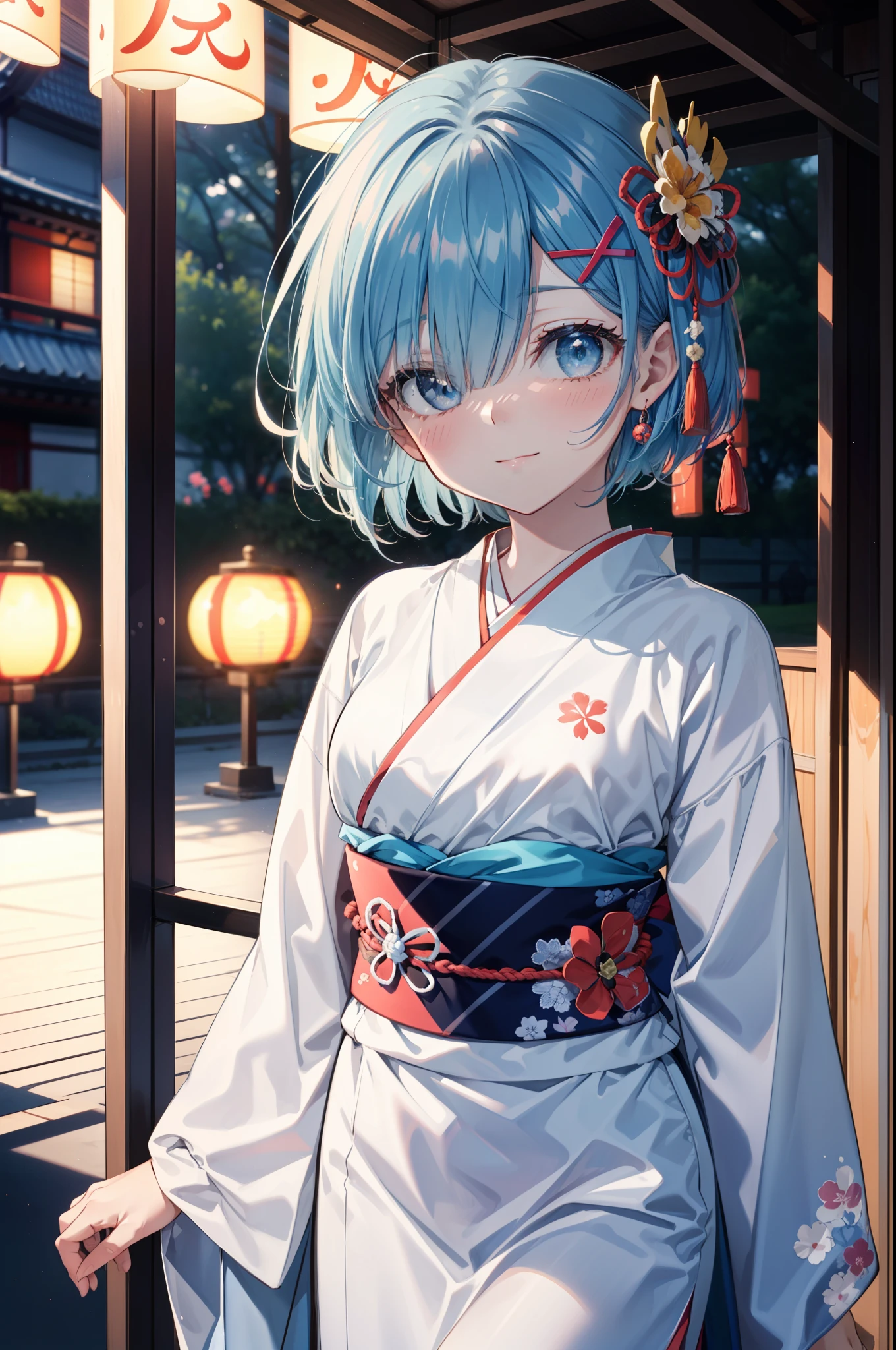 rezeroRem, Rem, blue eyes, Blue Hair, hair ornaments, Hair on one eye, hair ribbon, short hair, x hair ornaments,Blue Kimono,smile,blush,Open your mouth,whole bodyがイラストに入るように,evening,sunset,The sun is setting,日本のfestival,夏festivalの屋台,Red lantern,
break outdoors, festival,
break looking at viewer,whole body, (Cowboy Shot:1. 5), 
break (masterpiece:1.2), Highest quality, High resolution, unity 8k wallpaper, (figure:0.8), (Beautiful attention to detail:1.6), extRemely detailed face, Perfect lighting, extRemely detailed CG, (Perfect hands, Perfect Anatomy),