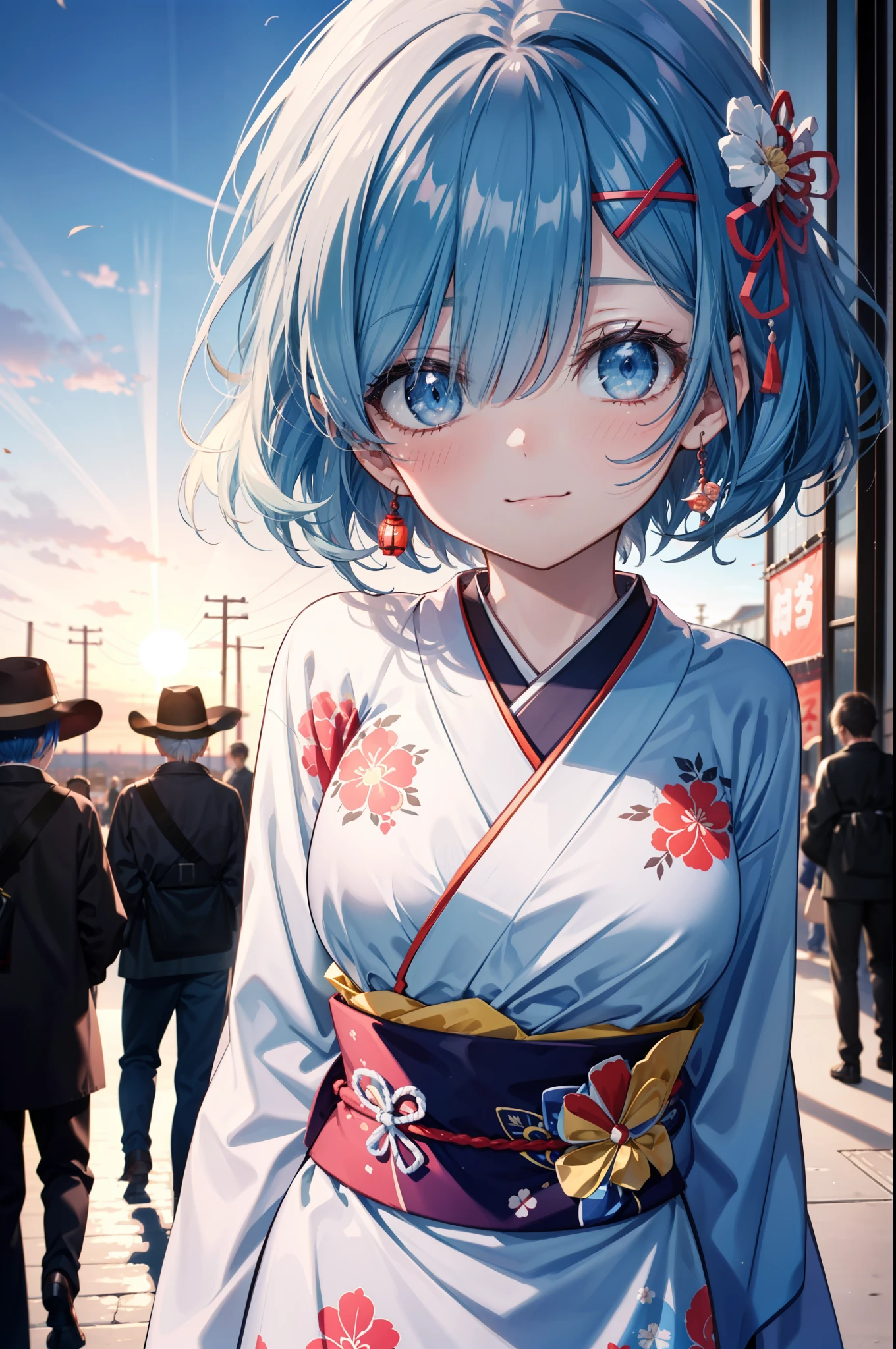 rezeroRem, Rem, blue eyes, Blue Hair, hair ornaments, Hair on one eye, hair ribbon, short hair, x hair ornaments,Blue Kimono,smile,blush,Open your mouth,whole bodyがイラストに入るように,evening,sunset,The sun is setting,日本のfestival,夏festivalの屋台,Red lantern,
break outdoors, festival,
break looking at viewer,whole body, (Cowboy Shot:1. 5),
break (masterpiece:1.2), Highest quality, High resolution, unity 8k wallpaper, (figure:0.8), (Beautiful attention to detail:1.6), extRemely detailed face, Perfect lighting, extRemely detailed CG, (Perfect hands, Perfect Anatomy),