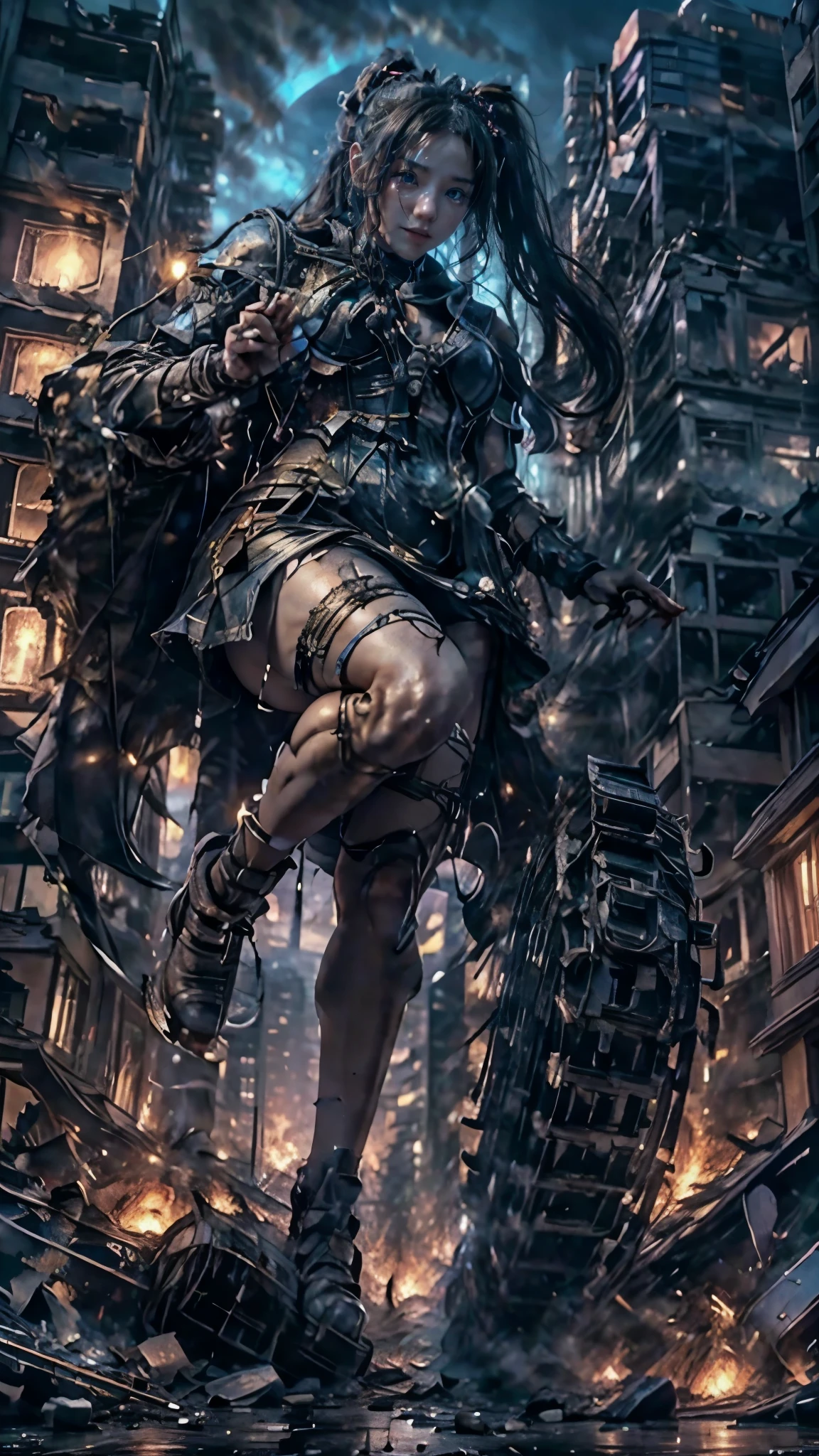 (Giantess elements, high resolution, high quality, accurate body structure, detailed body), Japanese high school girl, sailor uniform, towering giant girl, looking up at approaching woman from below, giant attacks city, cute, girl destroying small town, destroying small town, mischievous expression, Japanese language, white skin, smile, trampling buildings, rubble, burning small town, destroyed small building, collapsed highway, car being crushed, evacuation of residents, sunset, burning small town, please, walk, trample, anatomically correct, accurate human body, accurate skeleton, full body portrait, blue eyes, rubble scattered at feet, taller than skyscrapers, big impact, amazing, giantess elements, drawing women big, increasing destructive elements, making city smaller, rampaging, city, building,