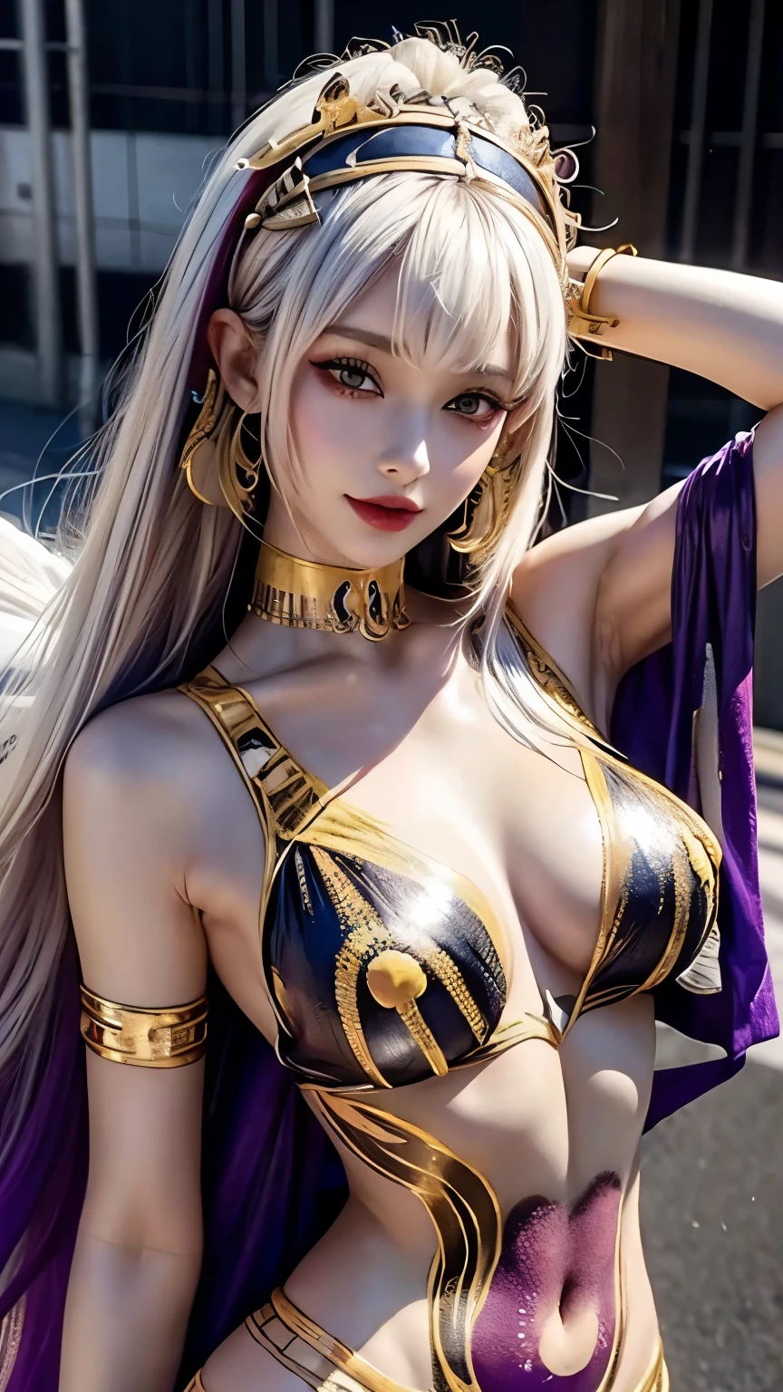 {((body painting with cleopatra style theme, Use bright colors))}, masterpiece, (best quality, ultra-detailed:1.4), (ultra high res:1.4), (sharp focus:1.3), (insanely detailed:1.3), masterpiece, best quality, 1girl, solo, (body painting:1.4), street wall background, looking at viewer, (F-cup sagging breasts), photography lighting, Model, fair skin, painting on fair skin, Large area body painting, ((Areolas painted:1.4)), fair skin, small areolas,