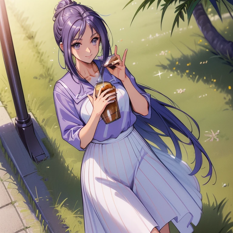 ((masterpiece)),((Ayako Katagiri)),((Katagiri Ayako)),((Mischievous Smile)),Anatomically perfect fingers,(((Kirameki High School Uniform))),(((Stylish cafe))),(((A moment of summer))),(((Drinking iced coffee)))