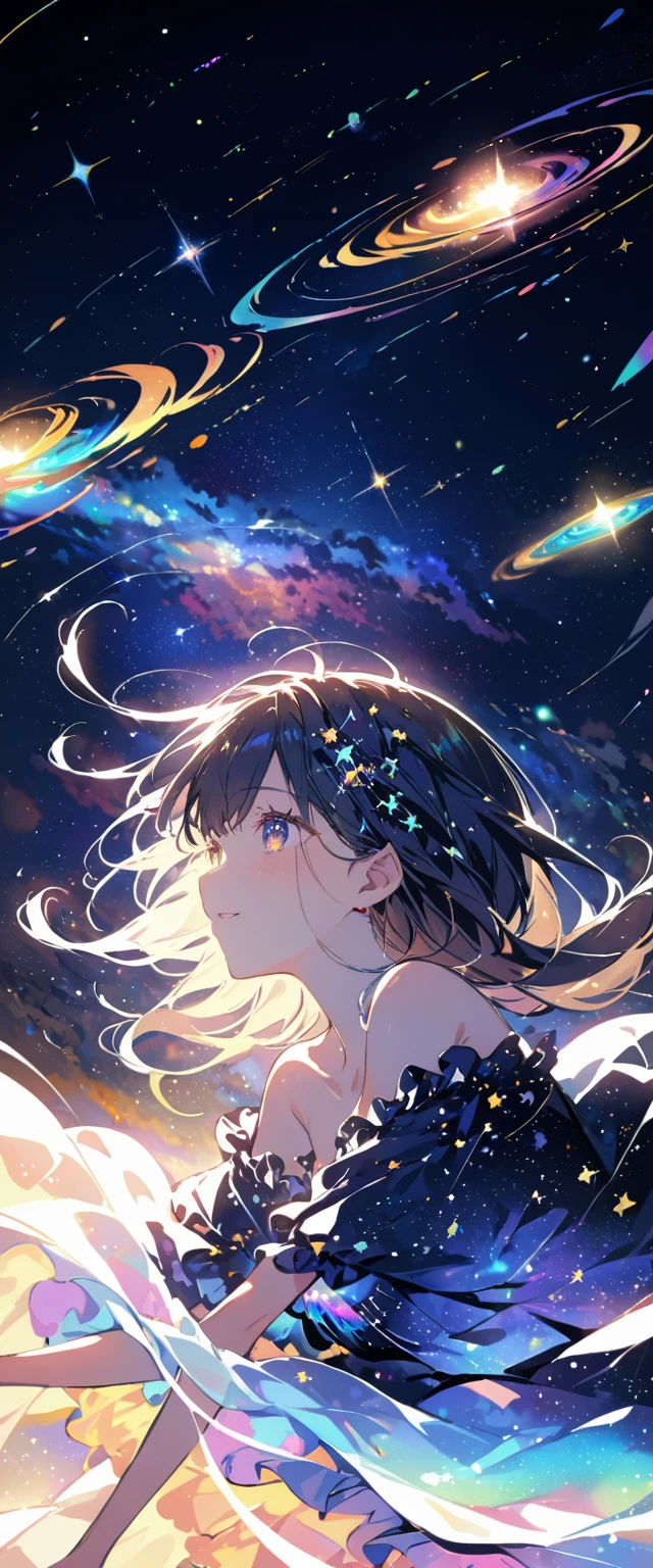 Attention to detail, Super Detail, Ultra-high resolution, A girl having a good time in a dream galaxy, Surrounded by stars, The warm light that shines on her, The background is a starry sky with colorful galaxies and galactic clouds, The stars fly around her, Delicate face, Add a playful touch ,