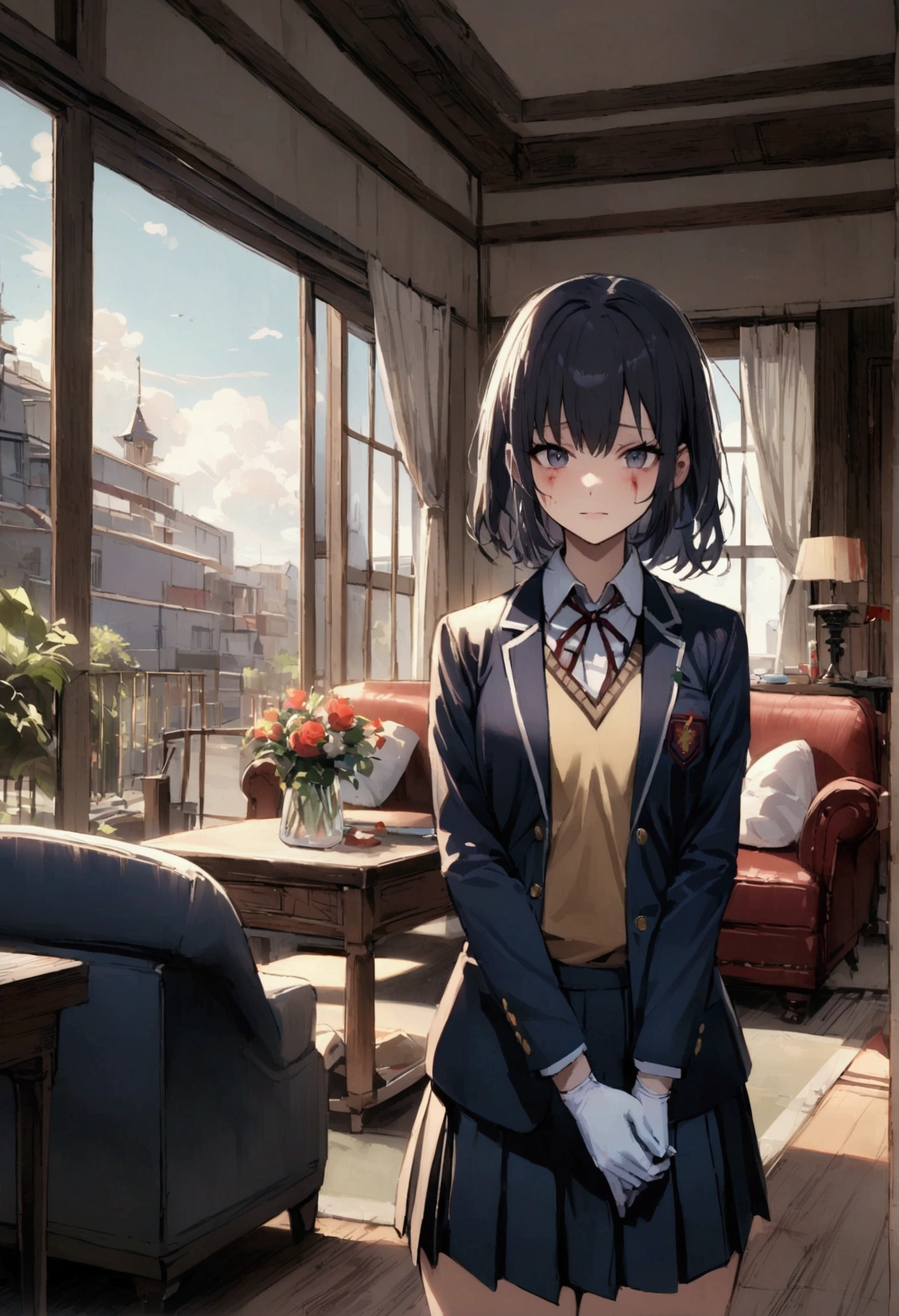 Living room Background, bloody, gore, school blazer, school uniform, medical apron, medical gloves, 1girl,