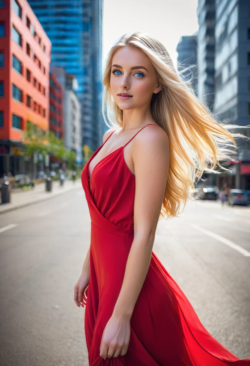 a beautiful young woman with blonde hair and blue eyes, wearing a flowing red dress. She stands in a lively urban setting, with a bustling city street and modern buildings in the background. The atmosphere is vibrant and dynamic, capturing the energy of city life