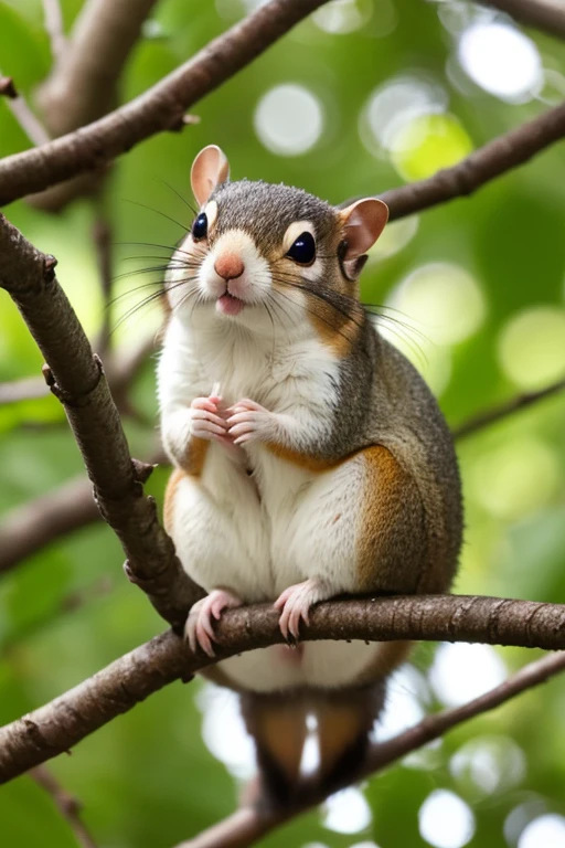 outdoor, forest, 1animal, 1Momonga, Momonga is  Japanese small flying squirrel, body all white fur, super small eyes, male Momonga sitting on a tree branch, Kyucchania Momonga,
