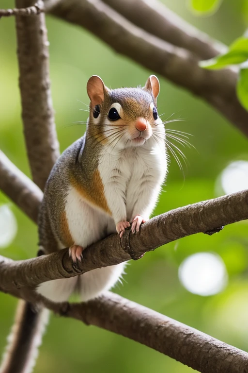 outdoor, forest, 1animal, 1Momonga, Momonga is Japanese small flying squirrel, body all white fur, super small eyes, male Momonga sitting on a tree branch, Kyucchania Momonga,