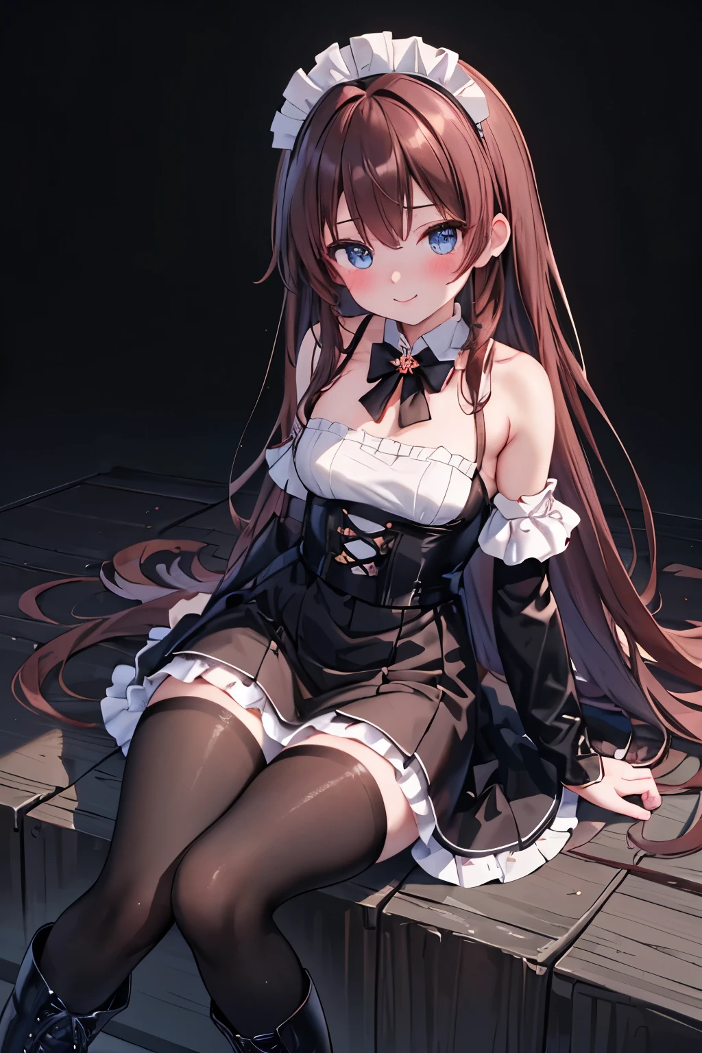 ((masterpiece, Highest quality, High resolution, 超High resolution, Pixel Perfect, Wide-angle, 4K, RTTX 10.0, Human Development Report))), One Girl, single, alone, beauty, View the whole body, (( Reddish brown hair, Very long hair, Short Liuhai)), ((blue eyes, Beautiful eyelashes, Realな目)), ((Detailed face, blush:1.2)), ((Smooth texture:0.75, Real质感:0.65, Real:1.1, Anime CG style)), Medium chest, Perfect body, ((Low Cut Maid Costume, Exposing shoulders, black tights, Black boots)), smile, Go down the stairs, (The wind blows her long hair,Exposing shoulders、black tights、Black boots)