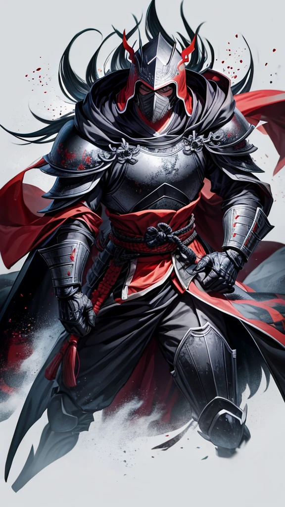 Make a character, Cao Cao, stark, with black armor, with a gray mask, with a hood 