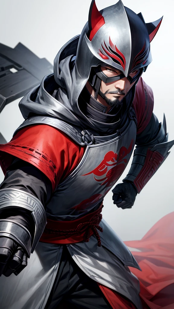 Make a character, Cao Cao, stark, with black armor, with a gray mask, with a hood