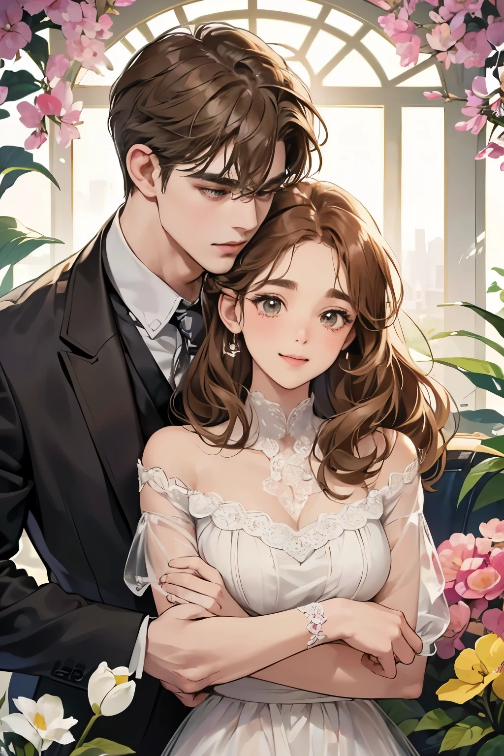 (table top, digital illustration, 4k, 8k, Super detailed, beautiful images, clear image, perfect face, perfect lines, perfect eyes, soft lighting) 1 female, (light brown hair,chignon hair,innocent look,droopy eyebrows,droopy eyes、With a round face,round chin、innocence,cute,Big eyes,natural makeup,smile gently,E cup,23 years old:1.3),Two handsome men in suits, (human,man in suit,muscular,solid shoulder width, boyish hairstyle,A man in his 30s with a cool expression,28 year old man with a bright smile:1.2),garden full of light、lots of flowers、Squirting、colorful flower light,(embarrassing,shy smile:1.2),resort sofa,kiss、カップルkiss、romance porn、couple of man and woman hugging each other、