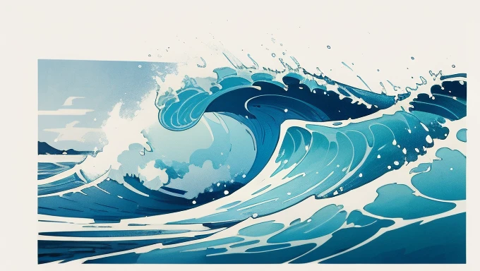 Wave design, Simple, pattern, Can draw, 美しいWave design, Japanese style、Ukiyo-e、No border、There is momentum、Monotonous colors、White background、Only waves、A ship is coming straight ahead、Waves breaking