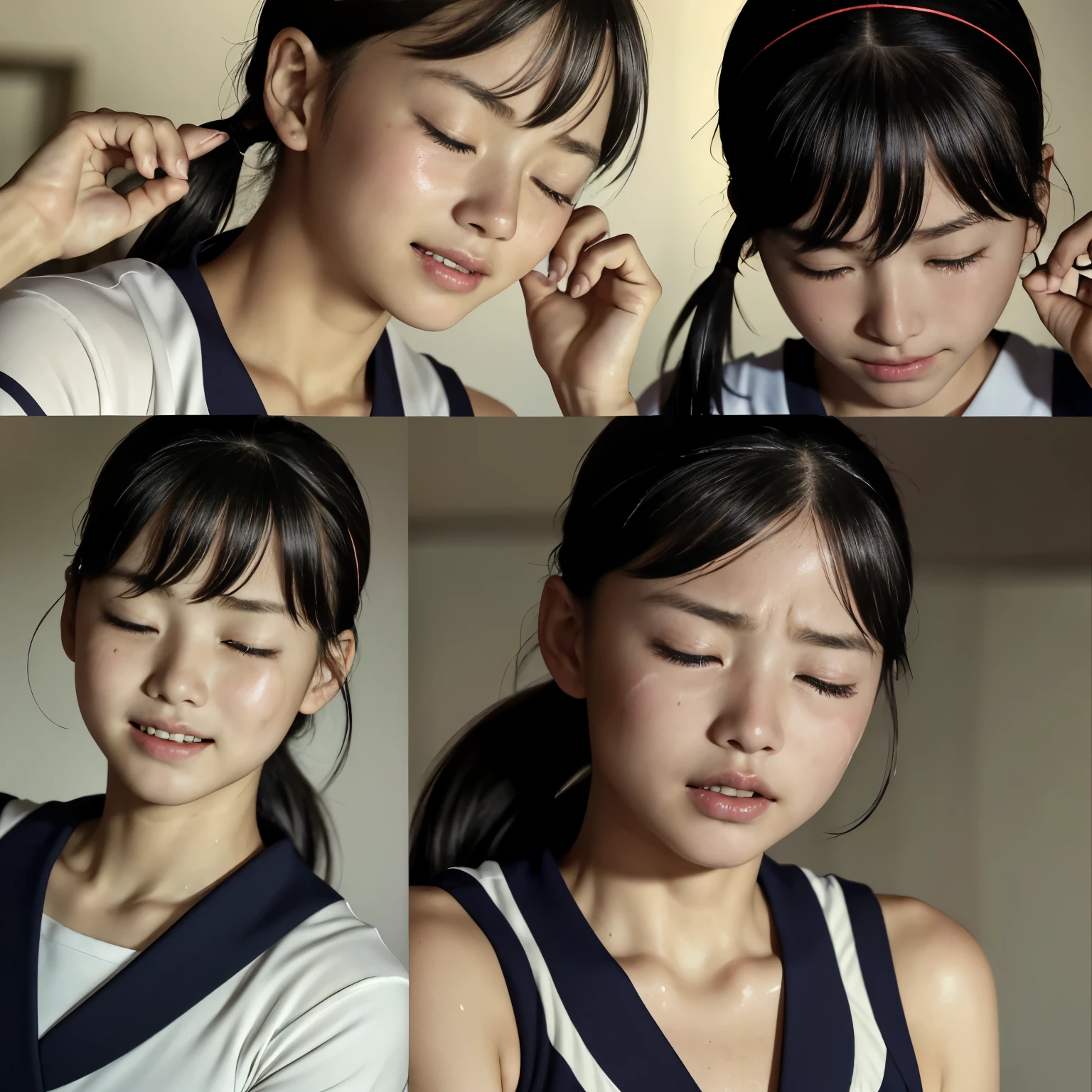 (Highest quality, masterpiece), (Beautiful 11 year old Japanese girl), (freckles:0.6), ponytail,  Track and field athlete,Grimacing、((Frowning、Crying face))、Sweaty、close your eyes tight、Blink、((close your eyes、Are sleeping))、((Blink、Eyes closed))、