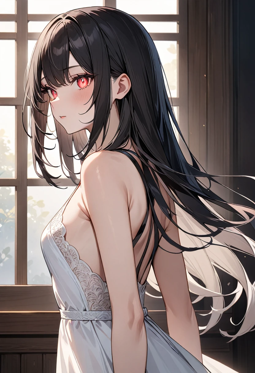 masterpiece, Score_9, Score_8_up, Score_7_up, rear view, 1 woman, alone, black hair, long hair, parted bangs, Dark red eyes, half-closed eyes, parted lips, expressionless, pale skin, large breasts, upper body, Black nightgown with transparent V-neckline, long split bangs, with a mole below the mouth, Boku no Hero academia