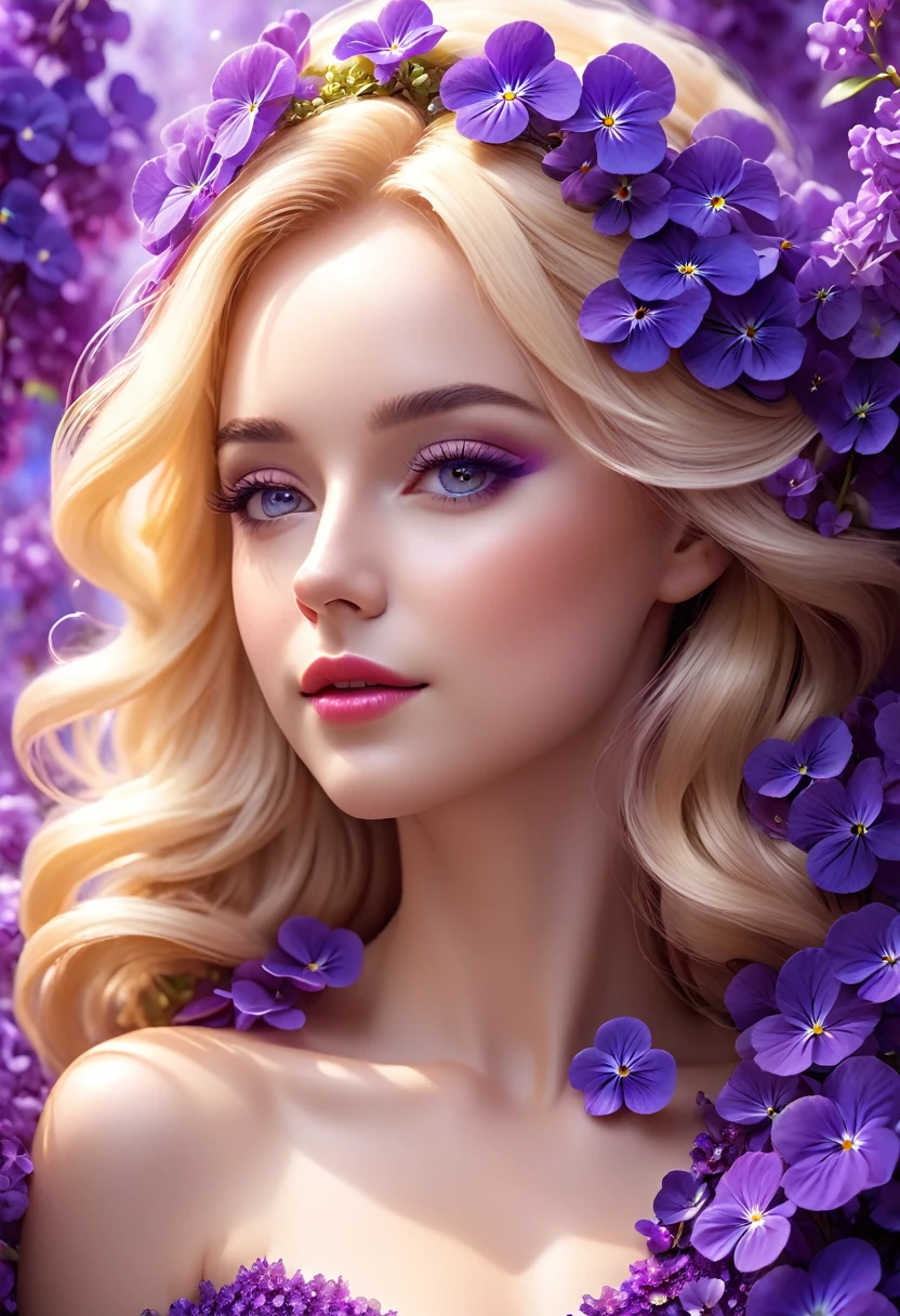 Best quality,4k, 8 K,a high resolution, masterpiece, unique, bright, perfect, well done, blonde woman, clothes made from purple violets flowers,hips,very detailed,realistic,realistic,студийное Photo,Very detailed,Dynamic,cinematic,masterpiece,difficult,HDR , Abstract fractal, romantic atmosphere, Photo, award-winning , Best quality,4k, 8 K,a high resolution, masterpiece, unrepeatable, bright, perfect,well done,