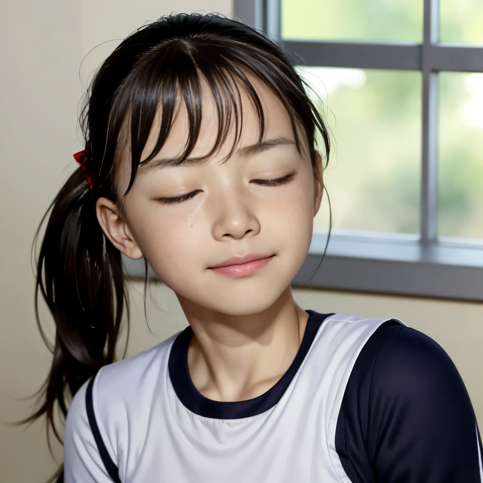 (Highest quality, masterpiece), (Beautiful  Japanese girl), (freckles:0.6), ponytail,  Track and field athlete,Grimacing、((Frowning、Crying face))、Sweaty、close your eyes tight、Blink、((close your eyes、Are sleeping))、((Blink、Eyes closed))、