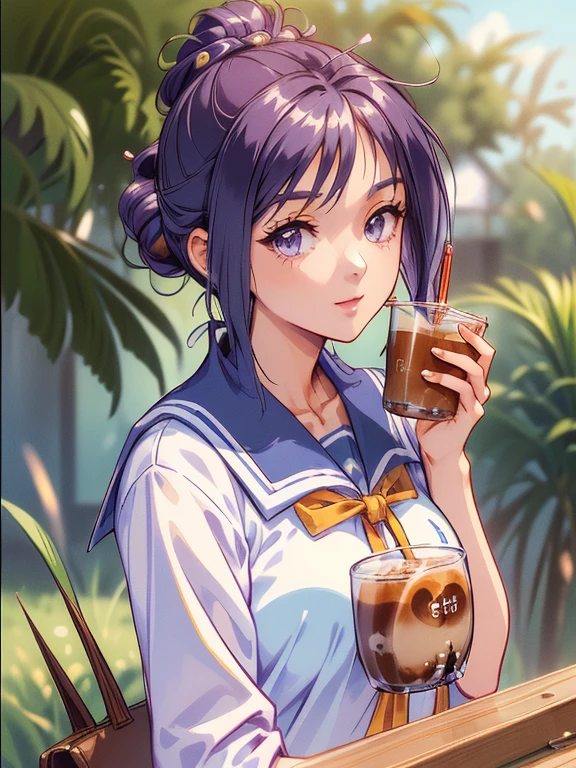 ((masterpiece)),((Ayako Katagiri)),((Katagiri Ayako)),((Mischievous Smile)),Anatomically perfect fingers,(((Kirameki High School Uniform))),(((Stylish cafe))),(((A moment of summer))),(((Drinking iced coffee)))