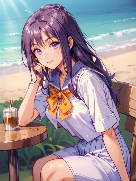 ((masterpiece)),((Ayako Katagiri)),((Katagiri Ayako)),((Mischievous Smile)),Anatomically perfect fingers,(((Kirameki High School Uniform))),(((Stylish cafe))),(((A moment of summer))),(((Drinking iced coffee)))