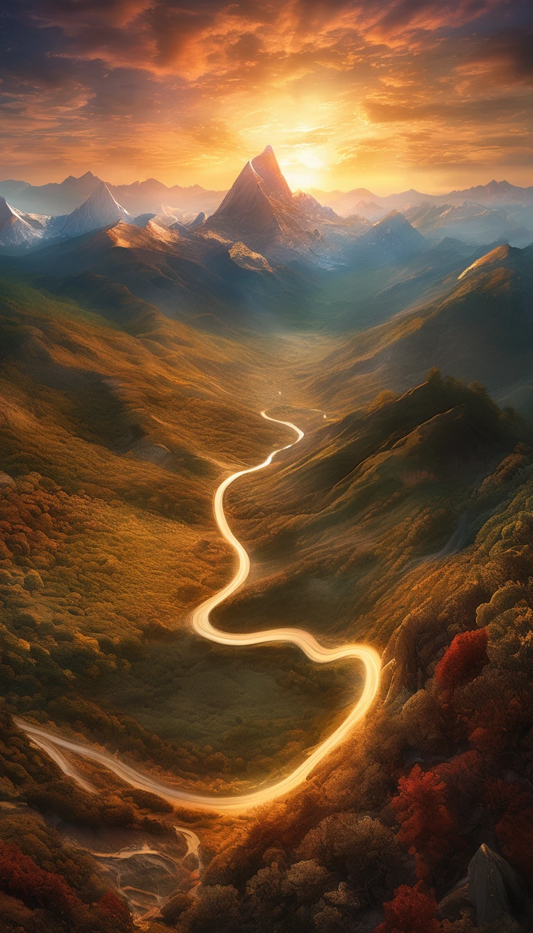 of an impossible landscape with a infinite multi dimension portal, a beautiful ultradetailed matte painting a lush mountain range at dusk by tomasz alen kopera and Justin Gerard and Dan Mumford, tarot card, dazzling energy, ultra wide angle shot, high angle shot, intricate, fractal magic, rays of god, hyperdetailed, micro details, volumetric lighting, 8k, ray tracing, polarized lens 