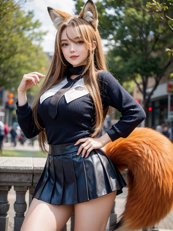 ((Highest quality, 8k)), ((masterpiece)), (Highest Resolution), Perfect Face, Fox Girl, high school girl, Beautiful woman, public, One tail, she has thick thighs, Big tail, She has an orange fox tail., She wags her tail, smile, Fur collar, She is wearing a short skirt, Beautiful Hips , Big Breasts, The skirt is rolled up at her tail