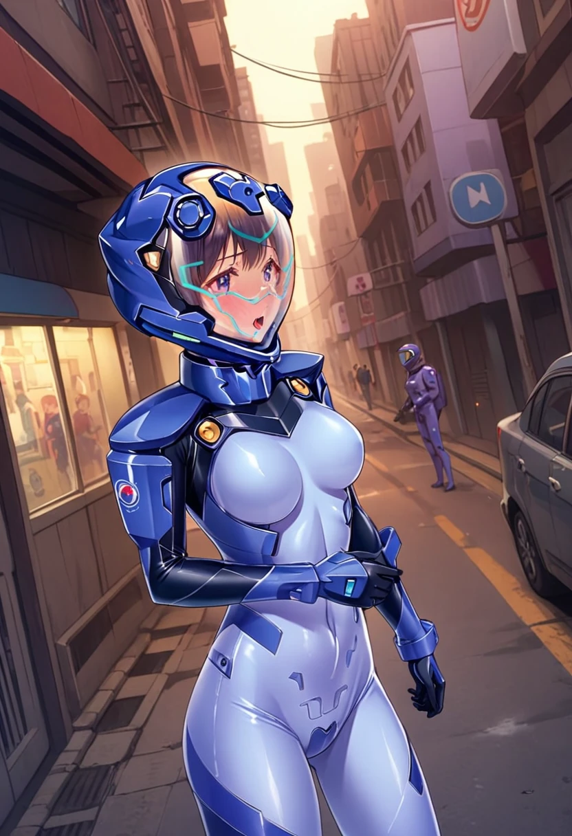 short hair, street, emo, BLACK hair, white eyes, eyeliner, apocalypse, (astronaut, girl, road, city, fortified suit, ((blue:1.5) plugsuit), short hair, outdoors, cinematic light, medium breasts, covered navel, space helmet, muvluv, space helm, eva helmet,[legs bent, ,ahegao, rolling eyes,saliva, drooling, sweat, trembling, HARD TO BREATH,, (hands up:1.6), (holding head:1.7), upper body