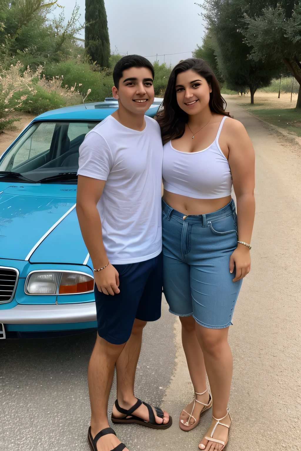 Good looking 39 Greek chubby mother in short summer outfit with her Greek 18 years old muscular son, standing together in front of a car