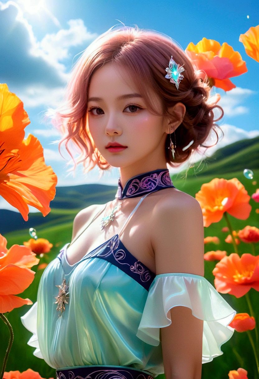 ((jewel_light element)), (Translucent luminous body_Wearing a pink and white frilly blouse), (girl made of light: 1.2, Long wavy hairstyle with delicate features and shine: 1.3), (minimalism: 0.5), (Front view close-up angle: 1.3), 4K, HDR, acid graphics, fantasy work, [Detailed and vivid face: 0.33], (White and translucent body and hair: 1.3), Beautiful woman shining with silhouette outline, Revealing understated elegance ... A calm and dignified atmosphere provides a subtle sense of luxury.......  stylish pose, fluorescent, Glowing tattoo, bioluminescent tattoo, And the shining pattern.