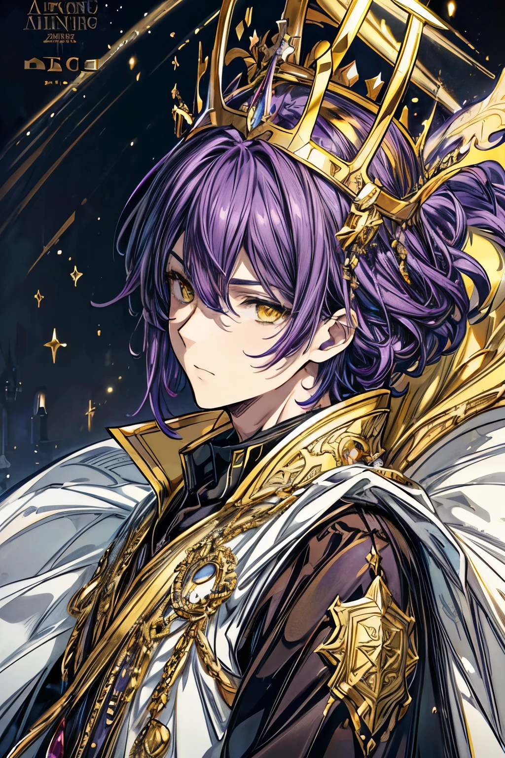 1 boy, (masterpiece, best quality), (anime), (male), (adult), intricate details, purple hair, (yellow eyes), halo, crown, royal cloak, golden accents, highly detailed face, hyper realistic, 8k, photorealistic, dramatic lighting, epic fantasy, cinematic, glowing, elaborate design, ornate, digital painting, vibrant colors