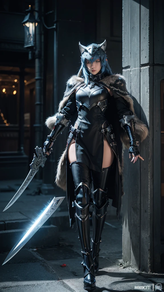 (bright colors, Cinematic feel, Add details, extreme details, sharp focus), steel knife, The blade is long and curved, The sharp edges shed an icy blue light. Runes are engraved on the base of the sword, whole body (close up), (full black) Armed mecha wolf girl (Luxury, bright, Noble Queen, war girl), fair, Imperial sister, oriental girl, Express (domineering) condescending, Mecha Wolf Fang Helmet, shawl, 8k, attack action, Permanent (Feet open), damaged (Urban),