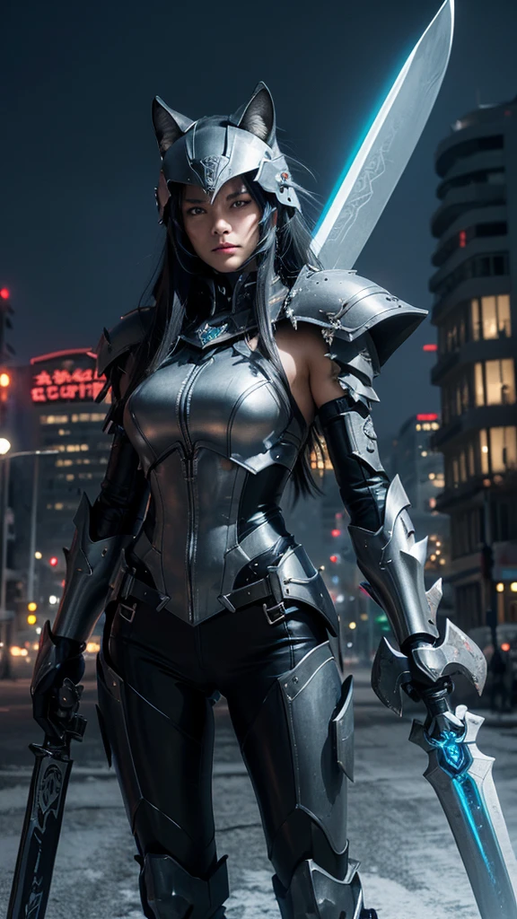 (bright colors, Cinematic feel, Add details, extreme details, sharp focus), steel knife, The blade is long and curved, The sharp edges shed an icy blue light. Runes are engraved on the base of the sword, whole body (close up), (full black) Armed mecha wolf girl (Luxury, bright, Noble Queen, war girl), fair, Imperial sister, oriental girl, Express (domineering) condescending, Mecha Wolf Fang Helmet, shawl, 8k, attack action, Permanent (Feet open), damaged (Urban),