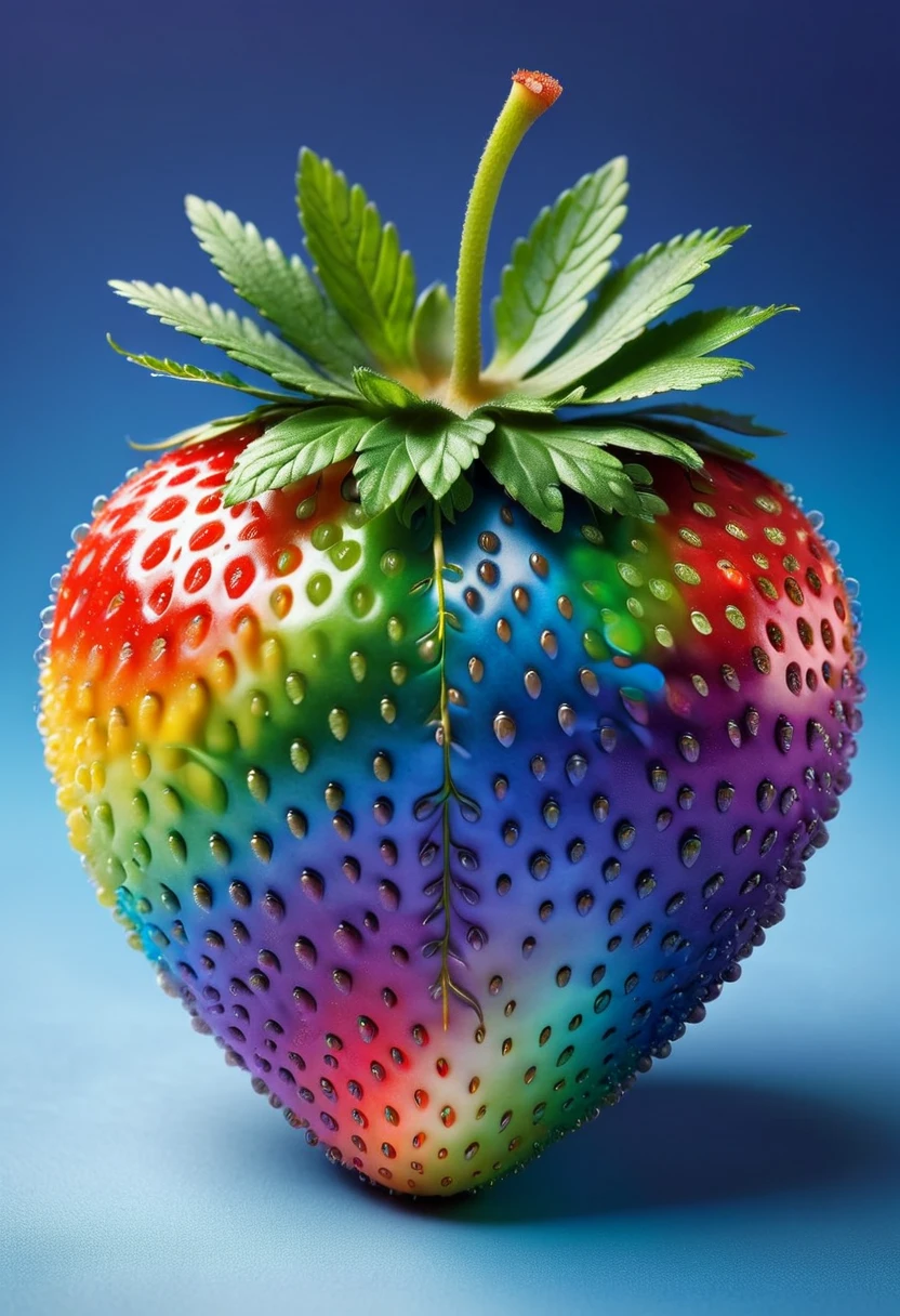 A rainbow strawberry. Visualize a ripe, juicy strawberry that showcases all the colors of the rainbow from red, orange, yellow, green, blue, indigo to violet. Each segment of color should blend seamlessly into the next, creating an enchanting sight that is both surreal and delightful. The details of the strawberry, such as its seeds and leafy crown, should be realistic and sharp against the vibrant, gradient hues. Imagine the fruit sitting against a minimalistic background that allows the colors to truly pop.