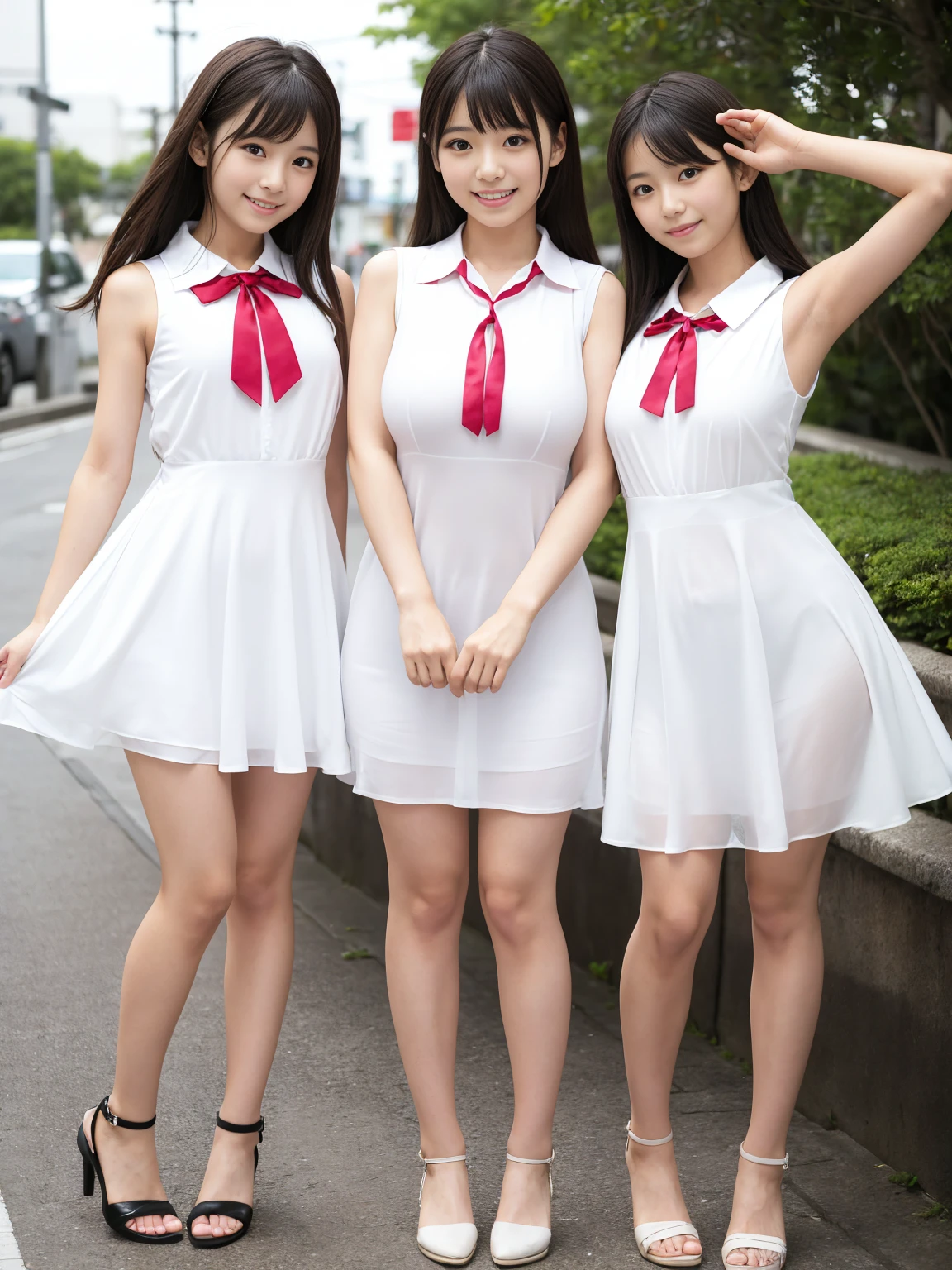 Japanese women, (Underweight), (Highest quality:1.5), (Bright smile:1.3), fun, walk, Long Hair, (A white, sleeveless, collared, tight, see-through dress), Bright atmosphere, Full Body Shot、No background、(Erect nipples)、(A dress that accentuates the body line)、Slim and beautiful thighs and legs、narrow and constricted waist,、 in Japan:1.3, Adorable expression、Expressions of happiness、10 years old、height: 1ce、Amazingly cute、Three Gir