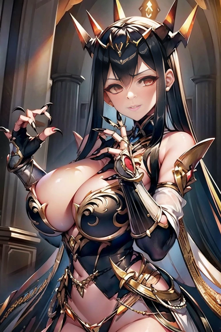 hand on own chest, hands up, black hair, bare shoulder, red eyes, very long hair, cleavage, large breasts, dress, showgirl skirt, high-leg, cleavage cutout, tiara, bare thighs, gauntlets, bare shoulder, ((((((bare nails, bare fingers, bare hands, good hands, best hands, Correctly aligned fingers, extremely detailed hands and fingers, ultra detailed hands and fingers, super detailed hands and fingers, perfect female hands and fingers, biologically accurate hands and fingers, 4 fingers and 1thumb accurate hands and fingers, beautiful hands and fingers, hands and fingers drawing, human hand and fingers, perfect arrangement of fingers, detail focus hands, perfection hands, better hands)))))), adult face, fearless face, both arms, two arms, both hands, two hands, super fine illustration, masterpiece, masterwork, by famous artist, official art, ultra high res, best quality, high quality, Hand, detailed, perfect, perfection , hands, both hands is Thumb and index finger and middle finger and ring finger and little finger, symmetrical hands, even hands, panties,